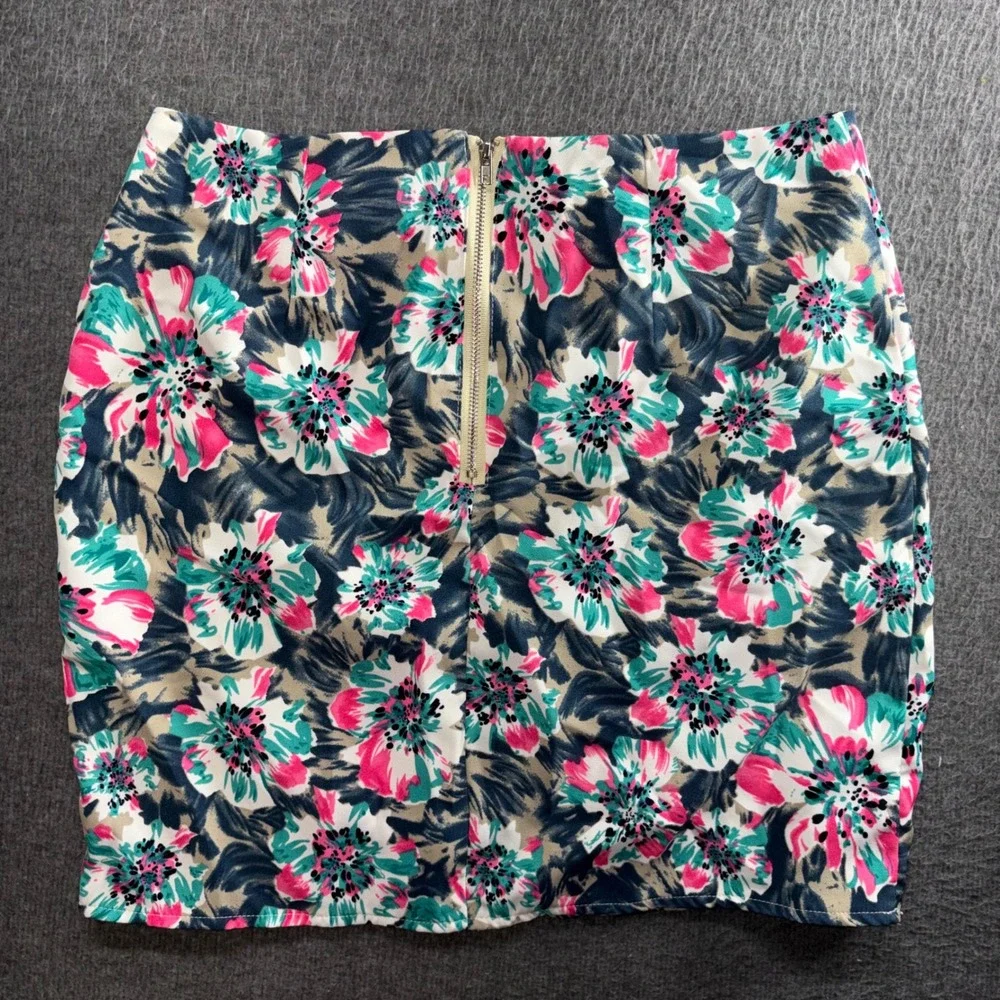 Love Riche Floral Mini Skirt Pink Teal Bodycon Exposed Back Zipper Size M